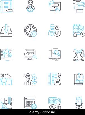 Lineare Symbole für Agenda festgelegt. Terminplan, Plan, Programm, Kalender, Liste, Fahrplan, Streckenvektor und Konzeptschilder. Terminplanung, Besprechung, Aufgabenübersicht Stock Vektor