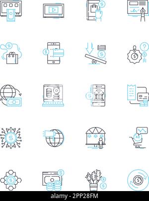 Klicken Sie auf die lineare Symbolgruppe des Einkaufszentrums. Einkaufen, Einzelhandel, Mode, Verkauf, Rabatte, Schnäppchen, Markenlinienvektor und Konzeptschilder. Boutique, Lebensmittel Stock Vektor