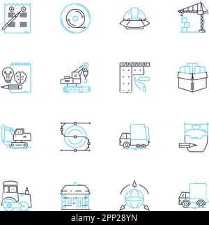 Ländliches Wachstum – lineare Symbole gesetzt. Landwirtschaft, Homesteading, Nachhaltigkeit, Entwicklung, Landwirtschaft, Rinder, Viehleinenvektor und Konzeptschilder. Ländlich Stock Vektor