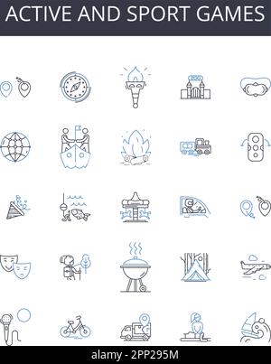 Ikonensammlung für aktiv- und Sportspiele. Dynamischer Sport, energiegeladene Spiele, kräftige sportliche Aktivitäten, lebendige Erholung, körperliche Belastung Stock Vektor
