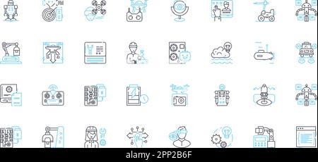 Lineare Symbole für fliegende Roboter gesetzt. Drs, Quadcopter, Hovercraft, Helikopter, Unbemannt, Fluglinienvektor und Konzeptzeichen. Robotik Stock Vektor