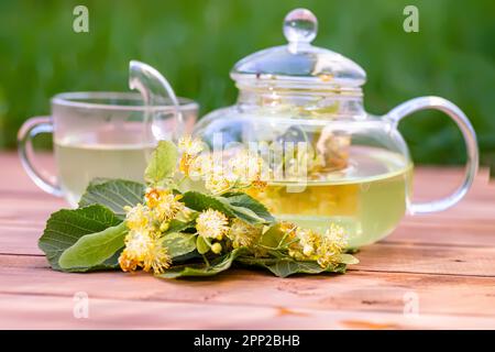 eine tasse heißen Lindentee mit Honig und Lindenblumen auf einem Holztisch im Garten. goldene Teefarbe und Süße von Honig und Blume köstlich und soo Stockfoto