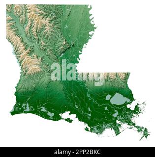 Der US-Bundesstaat Louisiana. 3D-Rendering von schattierten Reliefkarten mit Wasserkörpern. Farbig nach Höhe. Weißer Hintergrund. Erstellt mit Satellitendaten. Stockfoto