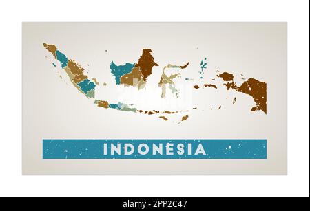 Karte Indonesiens. Länderposter mit Regionen. Alte Grunge-Textur. Form Indonesien mit Ländername. Kühle Vektordarstellung. Stock Vektor