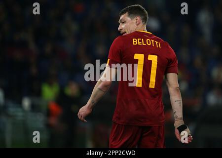 Rom, Italien. 20. April 2023. Andrea Belotti (Roma) reagiert während des Viertelfinales der UEFA Europa League zwischen AS Roma und Feyenoord Rotterdam am 20. April 2023 im Stadio Olimpico in Rom (Italien). (Foto: Giuseppe Fama/Pacific Press) Kredit: Pacific Press Media Production Corp./Alamy Live News Stockfoto