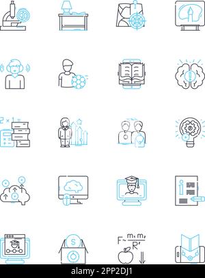 Lineare Symbole für Online-Schulungen. E-Learning, Webinar, Fernunterricht, MOOCs, virtuelle Klassenzimmer, EdTech, Online-Klassen Linienvektor und Konzept Stock Vektor