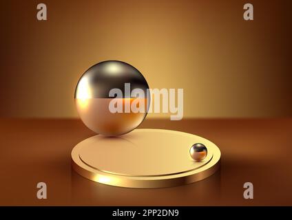 3D realistische, moderne, luxuriöse Dekoration in goldenem Podium mit goldenen Kugeln auf braunem Hintergrund. Sie können für Präsentationsmodelle zur Produktpräsentation verwenden, BE Stock Vektor