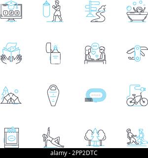 Entspannende Hobbys Lineare Symbole gesetzt. Yoga, Meditation, Malen, Lesen, Gärtnern, Zusammenfügen, Schreiben von Linienvektoren und Konzeptschildern. Fotografie Stock Vektor