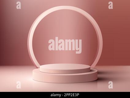3D realistischer, moderner, beigefarbener Podiumständer mit kreisförmigem Hintergrund auf braunem Hintergrund. Sie können für die Produktpräsentation Modell, Beau, verwenden Stock Vektor