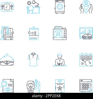 Lineare Symbole des Kopierers festgelegt. Fotokopie , Druck , Scanner , Duplex , Automatisch , Vektor- und Konzeptzeichen mit schwarzer, weißer Linie. TR, LCD, Papierumriss Stock Vektor