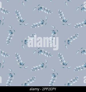 Aquarell mit Blumenmuster und nahtlosem Muster. Blattwerk Nahtloses Muster blauer Äste mit Blättern, Aquarell blumige Illustration auf Weiß Stockfoto