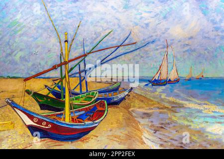 Fischerboote am Strand bei Saintes Maries, Vincent Van Gogh Gemälde Stockfoto