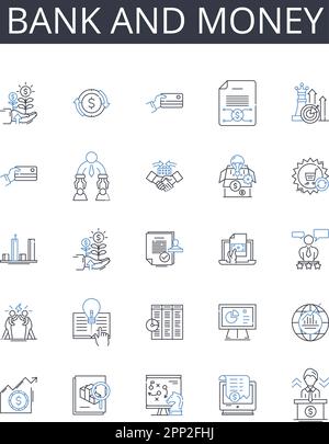 Symbolsammlung für Bank- und Geldlinien. Finanzinstitut, Bargeld, Finanzen, Vermögen, Kapital, Investition, Fondsvektor und lineare Darstellung. Währung Stock Vektor