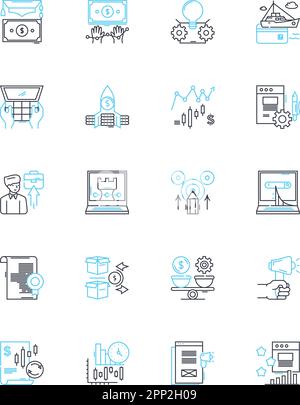 Lineare Symbolgruppe für Budgetplanung. Sparkonto, Sparkonto, Umlage, Ausgaben, Sparkonto, Steuerzeichen, Linienvektor- und Konzeptzeichen für Planung. Budget,Saldo Stock Vektor