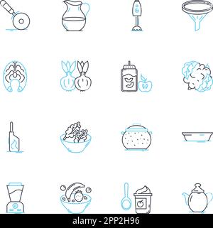 Lineare Symbole für Utensilware festgelegt. Schneebesen, Spork, Zangen, Kelle, Schäler, Grater, Slicer-Linienvektor und Konzeptzeichen. Greifer, Gabel, Löffel, Modellabbildungen Stock Vektor