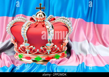 Königliche goldene Krone mit Juwelen auf transgender Flagge Hintergrund, 3D-Darstellung Stockfoto