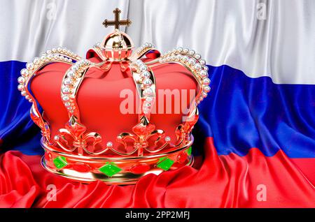 Königliche goldene Krone mit Juwelen auf dem Hintergrund der russischen Flagge, 3D-Darstellung Stockfoto