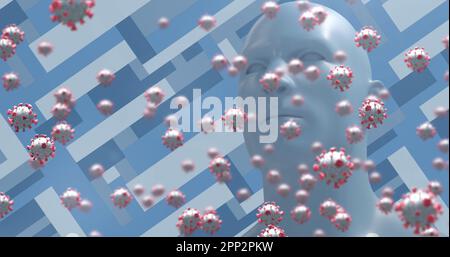 Zusammensetzung von Viruszellen und digitalem menschlichen Kopf über Formen auf blauem Hintergrund Stockfoto