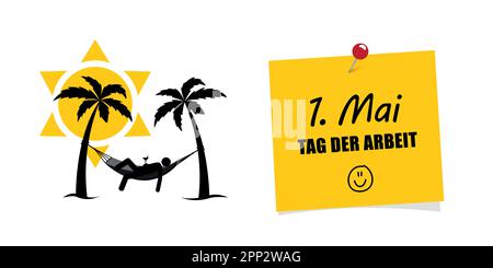 Happy Labor Day 1 May Pictoram man liegt in einer Hängematte unter Palmen Stock Vektor