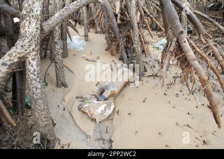 Plastikmüll über Mangrovenbäumen bei Ebbe am Strand Barra Velha in Soure, Insel Marajó am 21. April 2023 in der Amazonasregion nördlich von Brasilien. Die Insel Marajo ist mit einer Fläche von etwa 40,100 km² die größte Meeresinsel der Welt, die sich im para State in der Mündung des Amazonas befindet. Es besitzt die größte Büffelherde Brasiliens. Die vielfältige Vegetation reicht von Feuchtgebieten bis hin zu Amazonas-Wäldern und hat auch wunderschöne Strände und Flüsse aus Süß- und Salzwasser. (Foto: Paulo Amorim/Sipa USA) Stockfoto