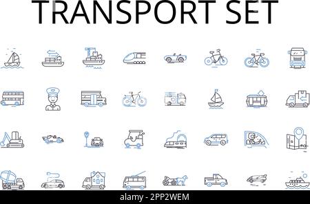 Sammlung der Positionssymbole der Transportgruppe. Health Kit, Reisetasche, Entertainment Pack, Bürostatistik, Kochutensilien, Fitnessgeräte, Kunstartikel Stock Vektor