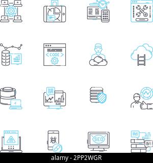 Lineares Symbolset für digitales Marketing. SEO, PPC, soziale Medien, E-Mail, Inhalte, Analytics, Mobile Line Vector und Concept Signs. Strategie, Konvertierung Stock Vektor