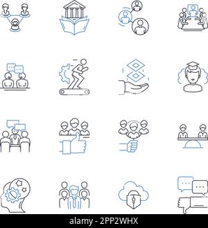 Sammlung von Symbolen für die Schulungsbranche. Ausbildung, Zertifizierung, Workshop, Seminar, Skillset, Entwicklung, Coaching-Vektor und lineare Illustration Stock Vektor