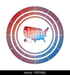 US-Abzeichen. Leuchtendes, abgestuftes Landlogo in niedriger Poly-Optik. Mehrfarbiges, abgerundetes US-amerikanisches Schild mit Karte im geometrischen Stil für Ihre Infografiken. Stock Vektor