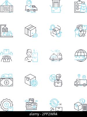 Linearer Symbolsatz für Frachtdienste. Versand, Fracht, Logistik, Transport, Lieferung, Linienvektor und Zusatzzeichen exportieren, importieren. Lagerhaltung Stock Vektor