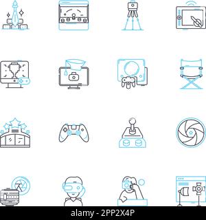 Linearer Symbolsatz für Kommunikationssektor. Telekommunikation, Konnektivität, Wireless, Breitband, Nerking, Daten, VoIP-Leitungsvektor und Konzeptschilder. Satellit Stock Vektor