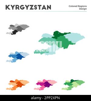 Kirgisische Kartensammlung. Grenzen von Kirgisistan für Ihre Infografik. Farbige Länderregionen. Vektordarstellung. Stock Vektor