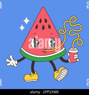 Handzeichnen witzige Retro-Charaktere im trendigen Vintage-Stil mit Wassermelonen-Cartoon-Figur. Doodle Comic Kollektion Stock Vektor