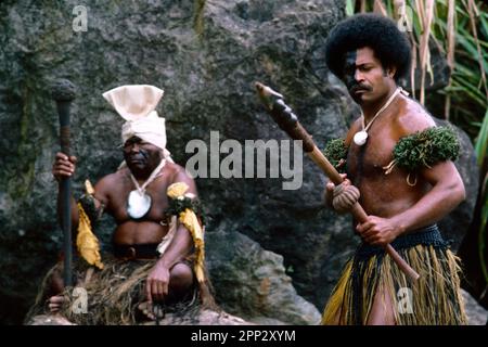 Nachstellung des traditionellen fidschianischen Lebens, Pacific Harbour Cultural Centre, Viti Levu, Fidschi Stockfoto