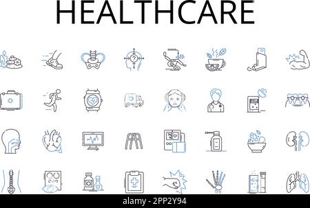 Symbolsammlung für medizinische Leitungen. Medizinische Dienstleistungen, Gesundheitsdienstleistungen, Klinische Versorgung, Behandlungsoptionen, Gesundheitsmanagement, Wellnessprogramme Stock Vektor