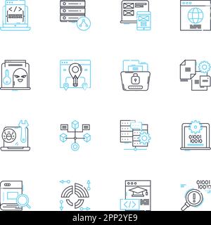 Lineare Symbole für Datensicherheit festgelegt. Verschlüsselung, Cybersicherheit, Datenschutz, Authentifizierung, Compliance, Malware, Passwörter, Linienvektor und Konzeptzeichen Stock Vektor