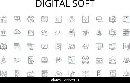 Sammlung digitaler Softline-Symbole. Währung, Mein, Finanzen, Vermögen, Kapital, Assets, Kreditvektor und lineare Darstellung. Schulden, Investitionen, Erträge Stock Vektor