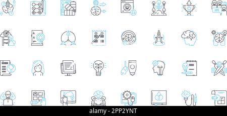Lineare Symbole für künstlerischen Ausdruck festgelegt. Kreativität, Vorstellungskraft, Inspiration, Fertigkeit, Vision, Originalität, ästhetische Linienvektoren und Konzeptzeichen Stock Vektor