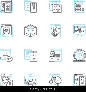 Lineare Symbole für Entwickler festgelegt. Code, Debug, Build, Design, Innovation, Programmieren und Zusammenarbeiten von Linienvektor- und Konzeptzeichen. Framework, Plattform, Backend Stock Vektor