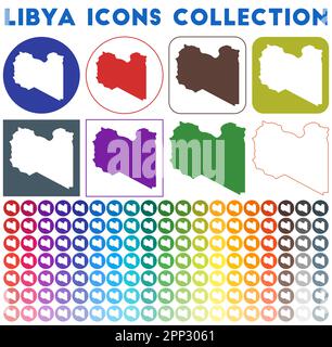 Libya Icons Kollektion. Bunte, trendige Kartensymbole. Modernes Libyen-Abzeichen mit Landkarte. Vektorabbildung. Stock Vektor