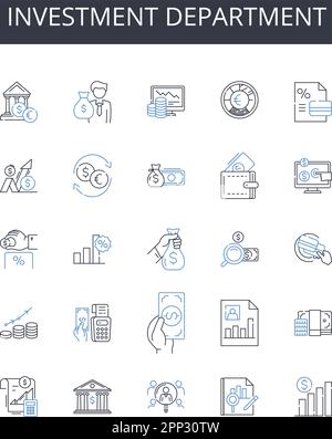 Symbolsammlung für Investitionsabteilung. Überzeugungsarbeit, Überzeugungsarbeit, Geschichtenerzählen, Vorteil, Publikum, Problemlösung, Hakenvektor und linear Stock Vektor
