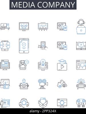 Symbolsammlung der Medienfirma. Werbefirma, Nachrichtensender, Fernsehnerk, Verlag, Presseagentur, Filmstudio, Rundfunkanstalt Stock Vektor