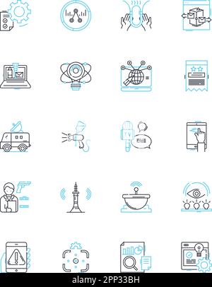 Ausstellungen und zeigt einen Satz linearer Symbole an. Display, Showcase, Expo, Galerie, Event, Performance, Art-Line-Vektor und Konzeptzeichen. Messe, Spektakel Stock Vektor