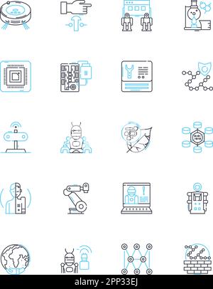 Lineare Symbole für elektronische Maschinen. Schaltkreise, Computerisierung, Automatisierung, Robotik, Sensoren, Transistoren, Mikroprozessoren, Linienvektor und Konzept Stock Vektor