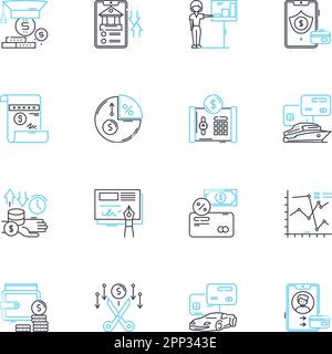 Lineare Symbole für Steuerzuständigkeit festgelegt. Budgetierung, Planung, Disziplin, Verantwortlichkeit, Kontrolle, Sparen und investieren von Linienvektoren und Konzeptzeichen Stock Vektor