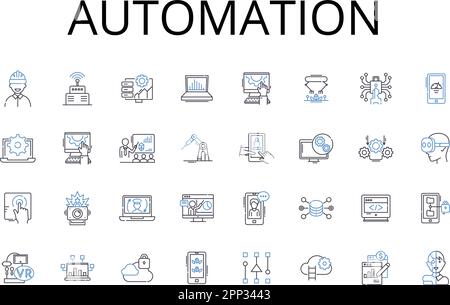 Symbolsammlung für Automatisierungslinien. Mechanisierung, Innovation, Modernisierung, Digitalisierung, Computerisierung, Optimierung, Rationalisierung von Vektoren und Stock Vektor