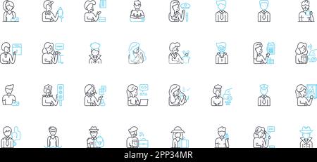 Lineare Identitätssymbole festgelegt. Selbst, Zugehörigkeit, Persönlichkeit, Kultur, Anerkennung, Individualität, Authentizitätslinienvektor und Konzeptzeichen. Vielfalt Stock Vektor