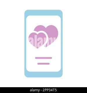 Smartphone mit zwei Herzen auf dem Bildschirm isoliertes Glyphensymbol. Vektordarstellung, Romantikelemente. Sticker, Patch, Abzeichen, Karte für die Ehe, valenti Stock Vektor