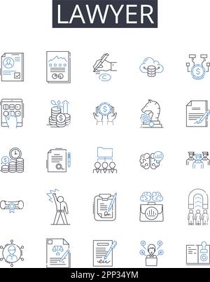 Anwaltslinien-Icons-Sammlung. Rechtsanwalt, Rechtsberater, Rechtsberater, Rechtsanwalt, Rechtsanwalt, Rechtsanwalt, Rechtsanwalt, Jurist-Vektor und linear Stock Vektor