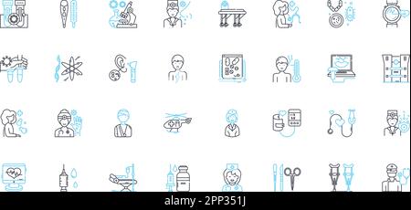 Lineare Symbole im Gesundheitswesen eingestellt. Prävention, Medizin, Wellness, Behandlung, Gesundheit, Ernährung, Linienvektor und Konzeptzeichen. Therapie, Chirurgie Stock Vektor
