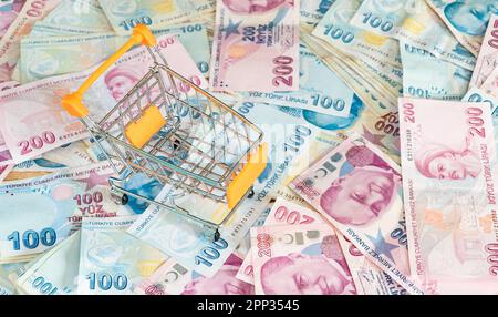 Das Konzept der Lebenshaltungskosten. Leerer Wagen auf einem Stapel türkischer Lira. Inflation steigt in der Türkei. Wirtschaftskrise. Steigende Kosten im täglichen Leben Stockfoto
